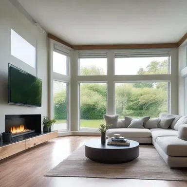 The large windows illume the modern living room with natural light, creating a bright and airy atmosphere.