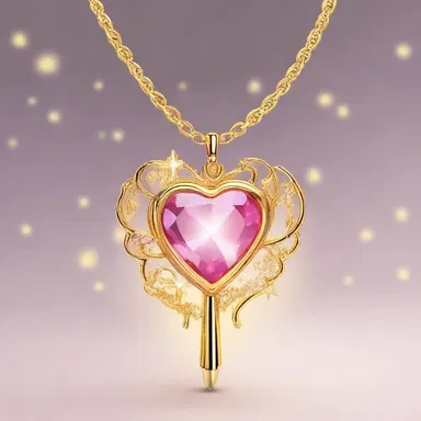 In the animated series, the magical wand illumes the touching heart-shaped pendant with a radiant glow.