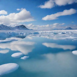 A breathtaking, vast landscape covered in large mounds of ice with a mesmerizing lake in the center, reflecting clouds, azure sky and flying birds.