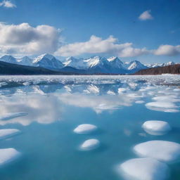 A breathtaking, vast landscape covered in large mounds of ice with a mesmerizing lake in the center, reflecting clouds, azure sky and flying birds.