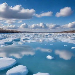 A breathtaking, vast landscape covered in large mounds of ice with a mesmerizing lake in the center, reflecting clouds, azure sky and flying birds.