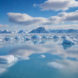 A breathtaking, vast landscape covered in large mounds of ice with a mesmerizing lake in the center, reflecting clouds, azure sky and flying birds.