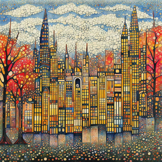 Impressionist pointillist watercolour painting in cubist style of an Antonio Gaudi-inspired cityscape.