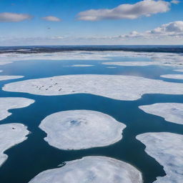 A drone view of a vast, icy landscape featuring mounds of ice with a central lake, acting as a mirror, reflecting clouds, blue sky, and birds.