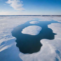 A drone view of a vast, icy landscape featuring mounds of ice with a central lake, acting as a mirror, reflecting clouds, blue sky, and birds.