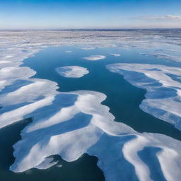 A drone view of a vast, icy landscape featuring mounds of ice with a central lake, acting as a mirror, reflecting clouds, blue sky, and birds.