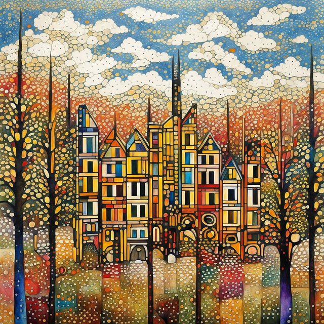 Impressionist pointillist watercolour painting in cubist style of an Antonio Gaudi-inspired cityscape in autumn colours.