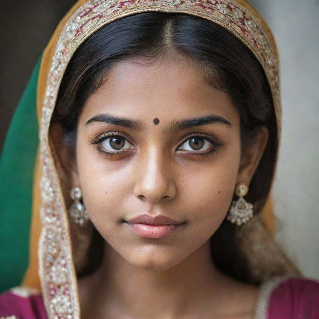 A brown-skinned desi girl with large eyes adorned with long eyelashes, a pronounced jawline and the characteristic pimples of puberty.