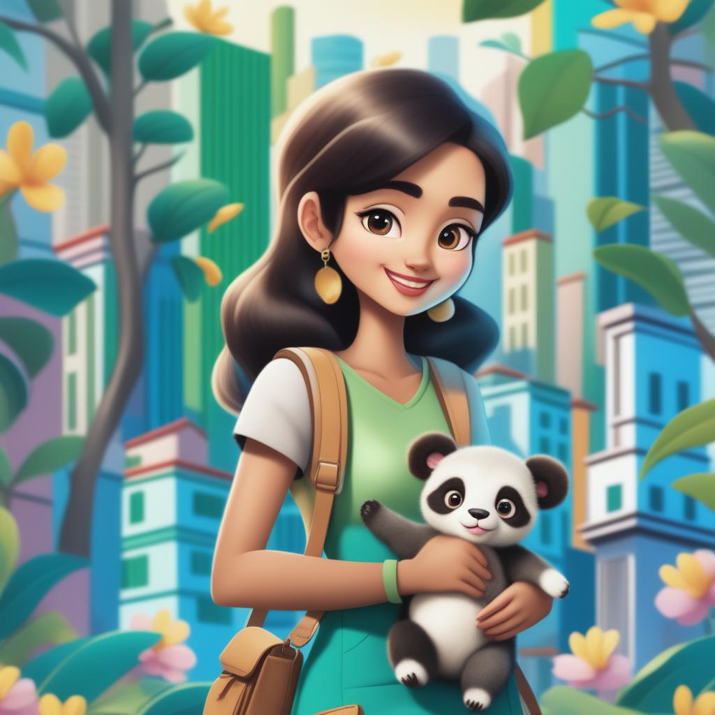 This digital art image depicts a young woman in a bustling city, holding a baby monkey and a baby panda