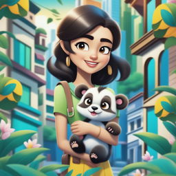 This digital art image depicts a young woman in a bustling city, holding a baby monkey and a baby panda