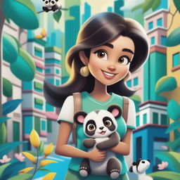 This digital art image depicts a young woman in a bustling city, holding a baby monkey and a baby panda