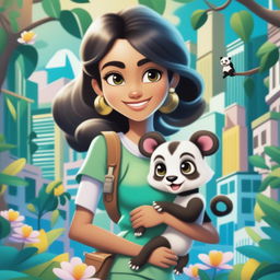 This digital art image depicts a young woman in a bustling city, holding a baby monkey and a baby panda