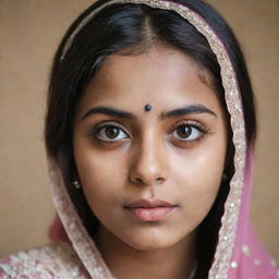 A brown-skinned desi girl with large eyes adorned with long eyelashes, a pronounced jawline and the characteristic pimples of puberty.