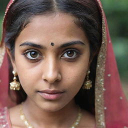 A brown-skinned desi girl with large eyes adorned with long eyelashes, a pronounced jawline and the characteristic pimples of puberty.