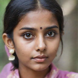 A brown-skinned desi girl with large eyes adorned with long eyelashes, a pronounced jawline and the characteristic pimples of puberty.