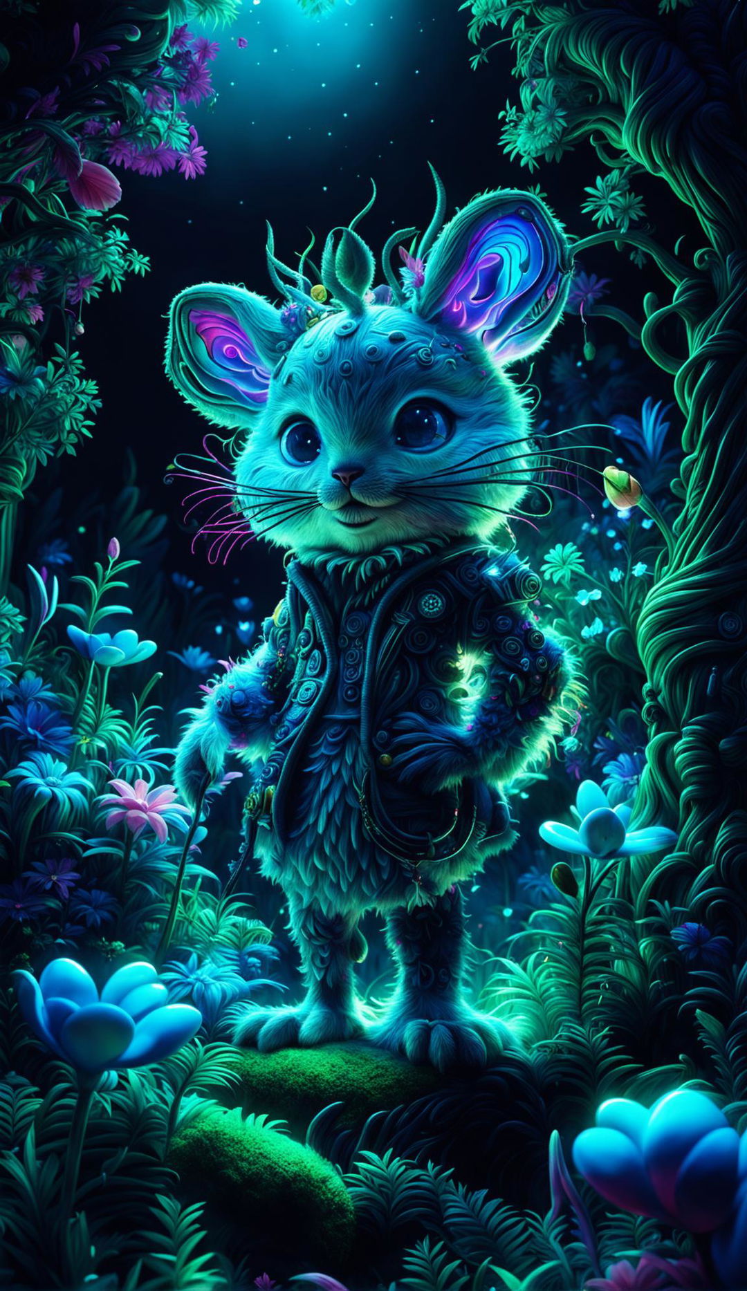 A hyper-realistic 3D Rococo-Cyberpunk fusion featuring a cute, fuzzy forest creature in a mythical forest with vibrant colours and intricate floral details.