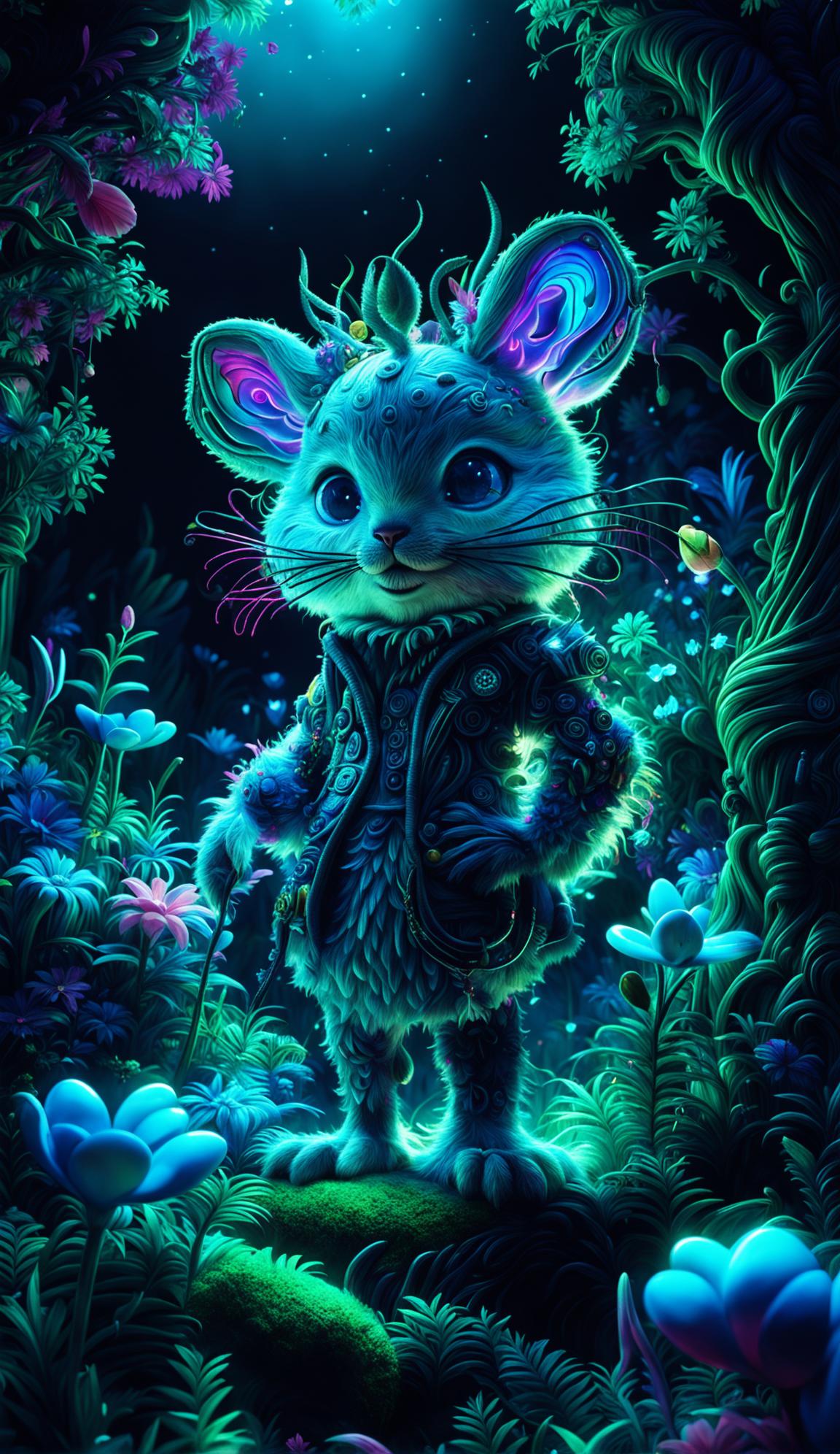 A hyper-realistic 3D Rococo-Cyberpunk fusion featuring a cute, fuzzy forest creature in a mythical forest with vibrant colours and intricate floral details.
