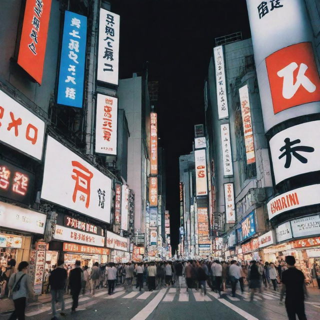 Low angle view of Tokyo's Shibuya district at night showcased in vivid and energetic manga style.