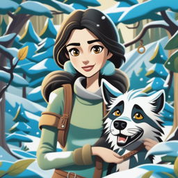 This digital art image captures a woman and her pet wolf in a snowy landscape, depicting a poignant scene of companionship and survival