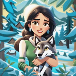 This digital art image captures a woman and her pet wolf in a snowy landscape, depicting a poignant scene of companionship and survival