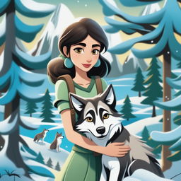 This digital art image captures a woman and her pet wolf in a snowy landscape, depicting a poignant scene of companionship and survival