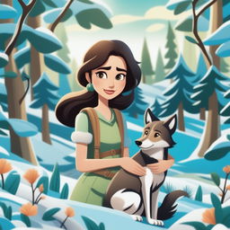 This digital art image captures a woman and her pet wolf in a snowy landscape, depicting a poignant scene of companionship and survival