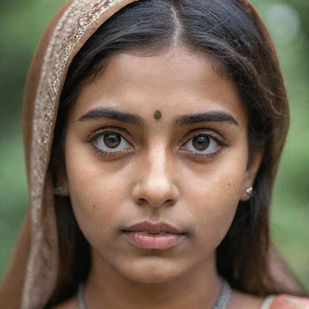 A portrait of a brown Desi girl with large eyes accentuated by long eyelashes, a sharp jawline, symmetrical face features, and minor signs of puberty acne.