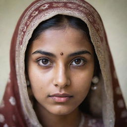 A portrait of a brown Desi girl with large eyes accentuated by long eyelashes, a sharp jawline, symmetrical face features, and minor signs of puberty acne.