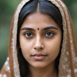 A portrait of a brown Desi girl with large eyes accentuated by long eyelashes, a sharp jawline, symmetrical face features, and minor signs of puberty acne.