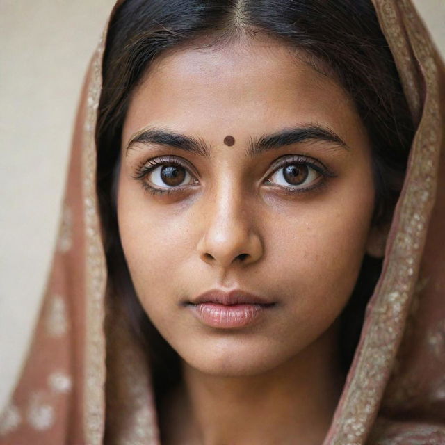 A portrait of a brown Desi girl with large eyes accentuated by long eyelashes, a sharp jawline, symmetrical face features, and minor signs of puberty acne.