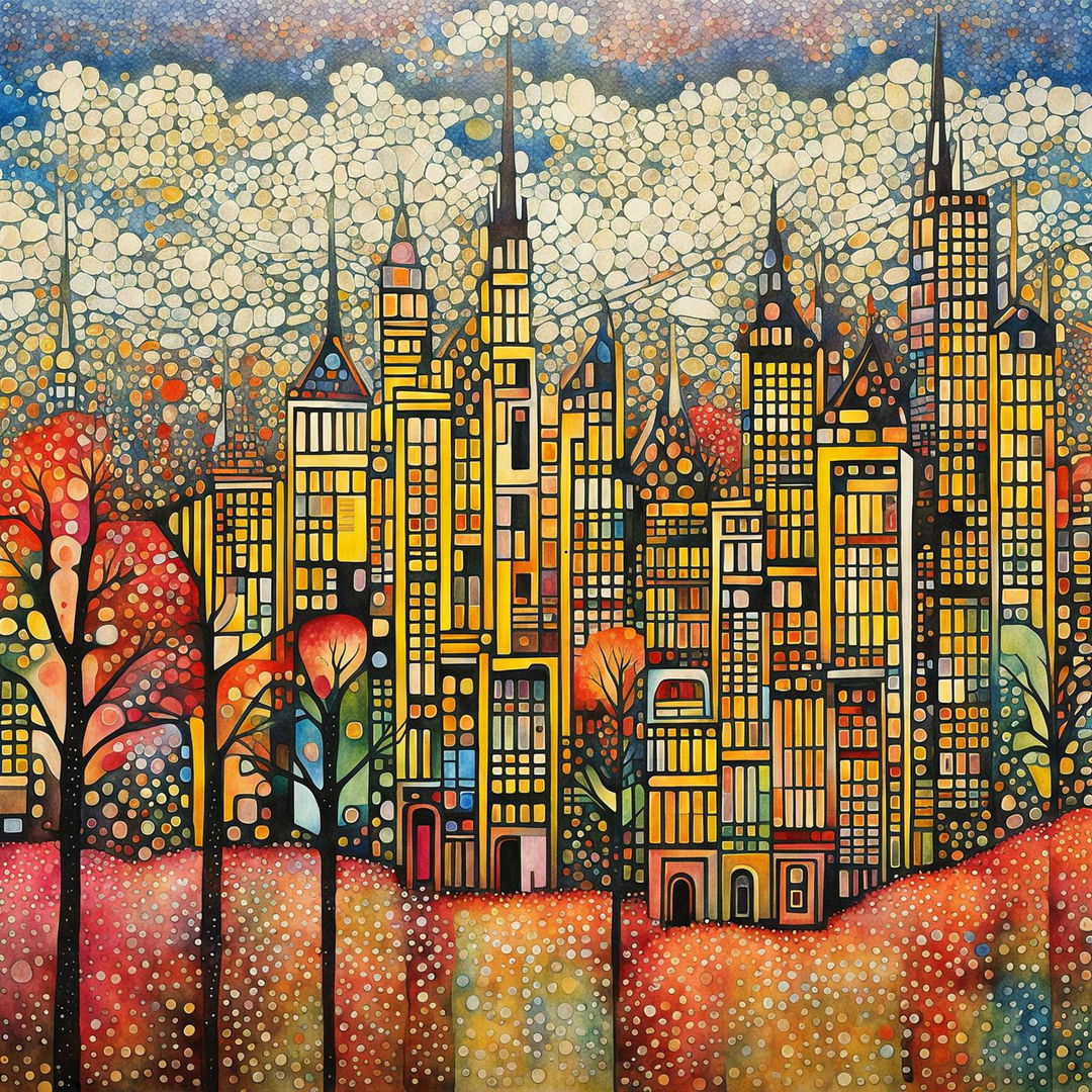 Impressionist pointillist watercolour painting in cubist style of a large Antonio Gaudi-inspired cityscape in autumn colours.