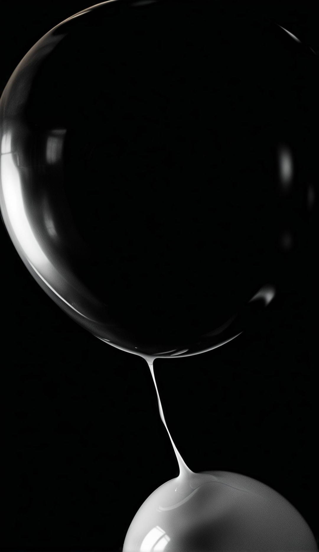 Ultra-close up of a glossy black balloon weighed down by thick, luminescent white goo stretching towards the ground.