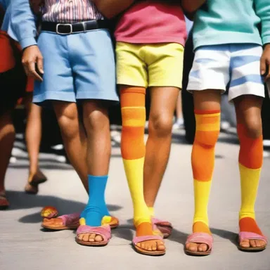 Although brightly colored socks with sandals may have been popular at one time, it is now considered idiotically unfashionable.