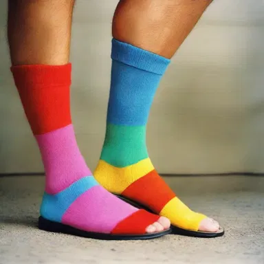 Although brightly colored socks with sandals may have been popular at one time, it is now considered idiotically unfashionable.