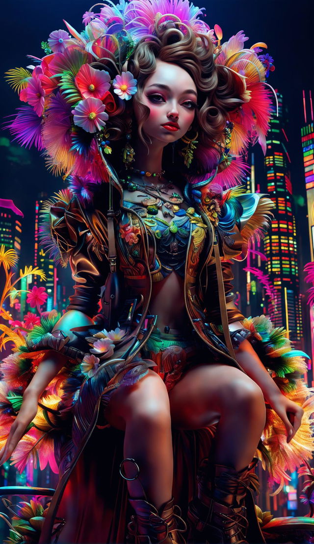 Hyper-realistic 3D image of a rococo cyberpunk monkey woman with human and simian features, dressed in a neon rococo-cyberpunk outfit in a vibrant futuristic cityscape. The scene is lit with dynamic lighting effects.