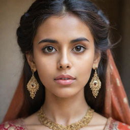 Portrait of a brown-descent girl with big eyes and long eyelashes, sharp jawline, symmetrical face, long thick hair, and large traditional earrings.