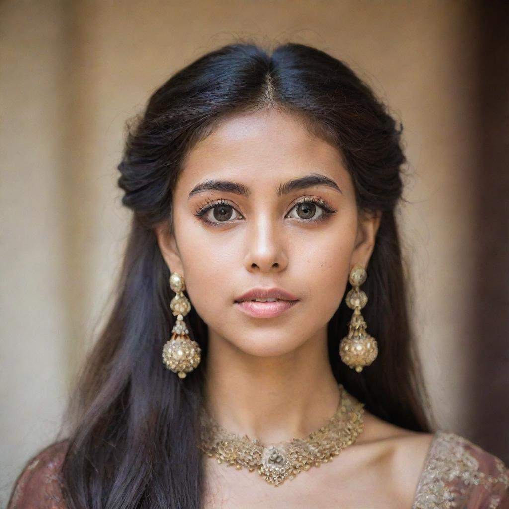 Portrait of a brown-descent girl with big eyes and long eyelashes, sharp jawline, symmetrical face, long thick hair, and large traditional earrings.