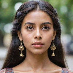 Portrait of a brown-descent girl with big eyes and long eyelashes, sharp jawline, symmetrical face, long thick hair, and large traditional earrings.