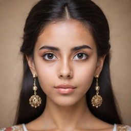 Portrait of a brown-descent girl with big eyes and long eyelashes, sharp jawline, symmetrical face, long thick hair, and large traditional earrings.