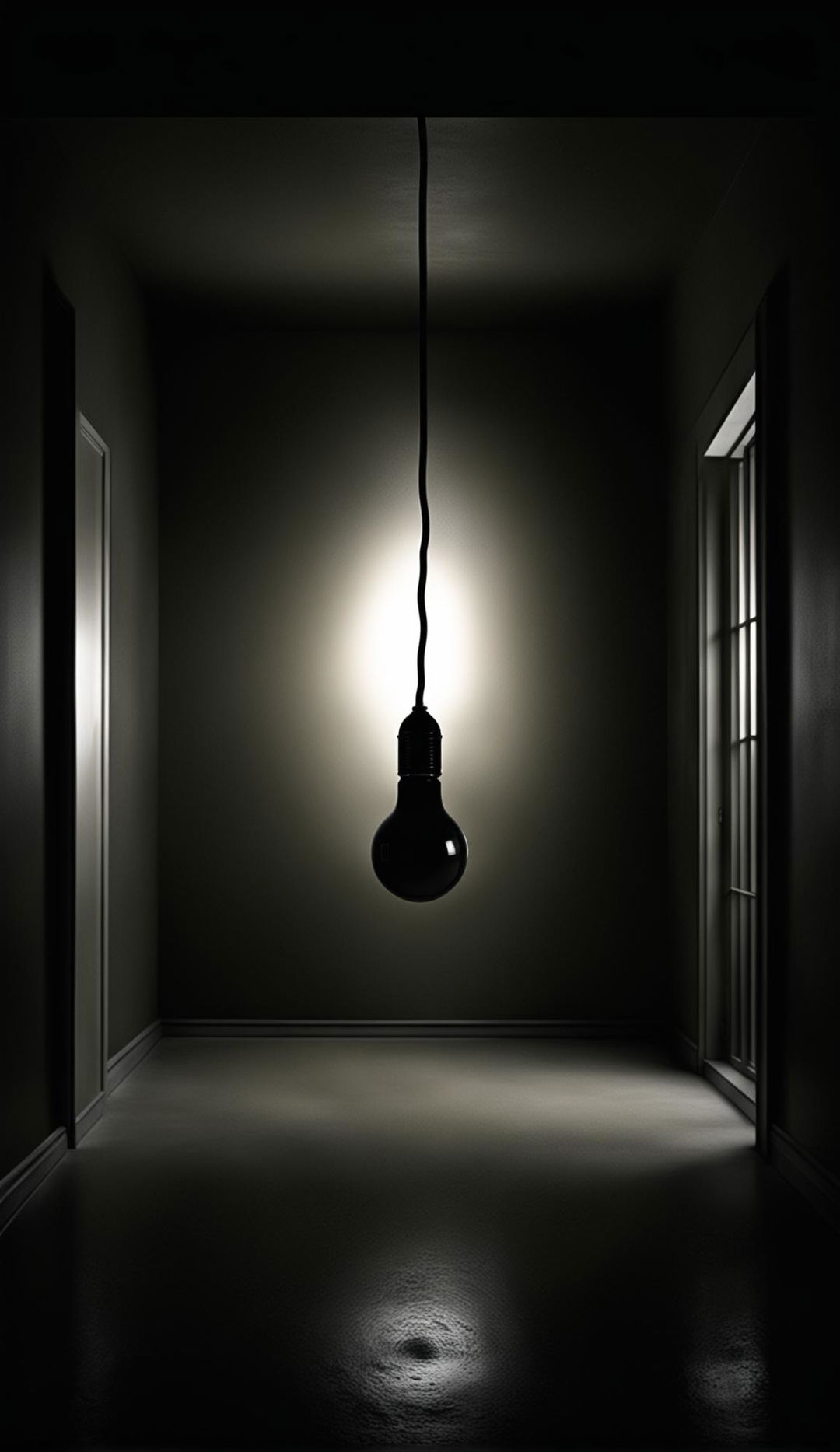 High-resolution photograph of a minimalist room dimmed by a bulb emitting pure darkness.