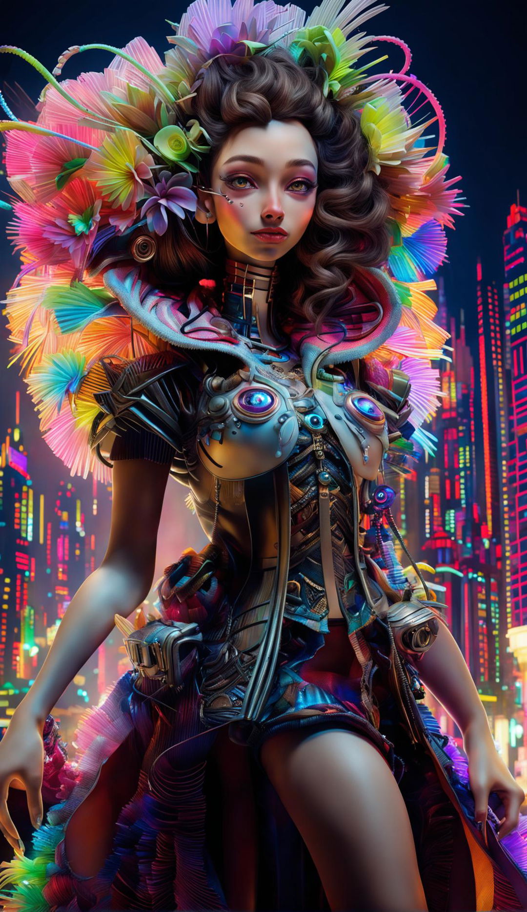 Hyper-realistic 3D rococo cyberpunk monkey-woman hybrid in a vibrant futuristic cityscape with dynamic lighting effects.