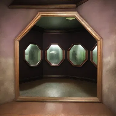 The haunted house had a chilling room with dodecagon mirrors on its walls.
