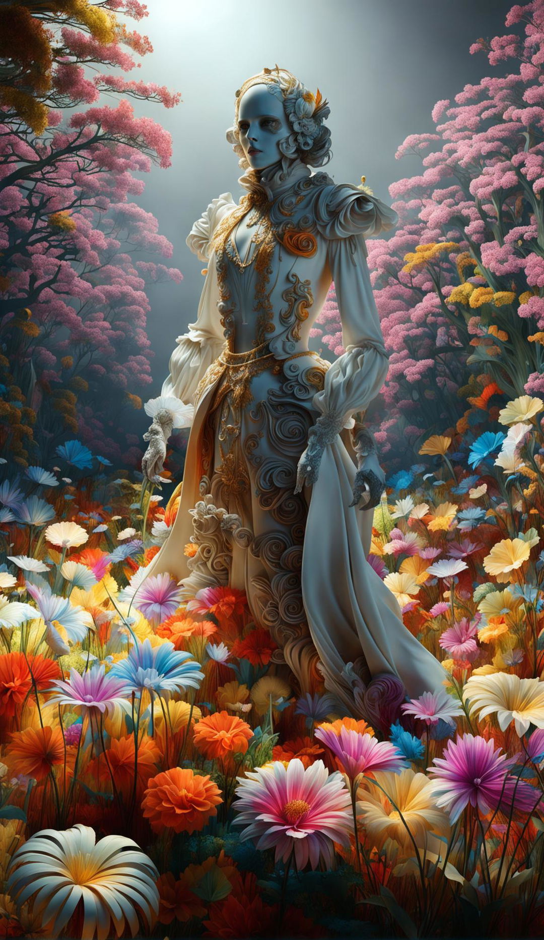 A hyper-realistic 3D image featuring an eerie rococo spirit in a vibrant, flower-filled mythical meadow with a fantasy aesthetic.