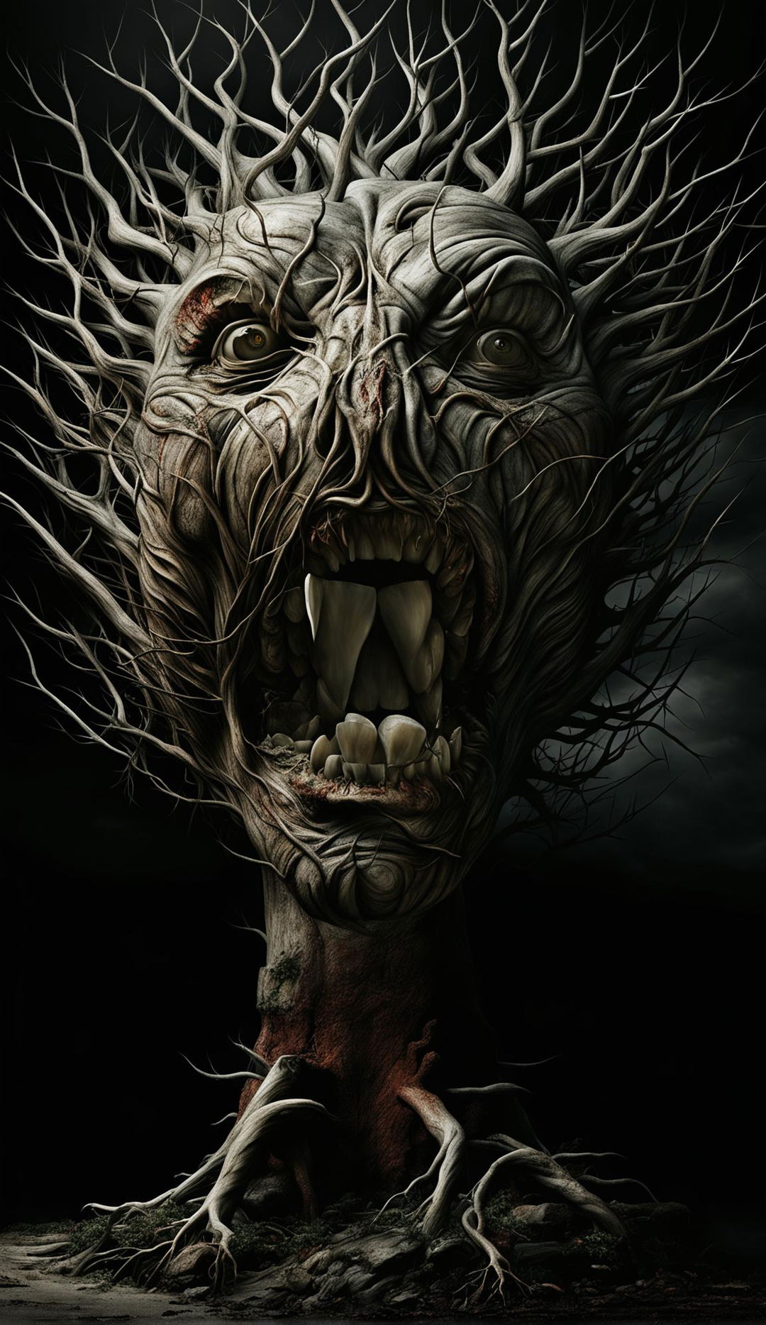 A CGI photograph depicting a tree with branches twisted into a deformed mouth in grim horror style with 32k resolution.