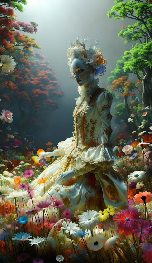 A hyper-realistic 3D image featuring an eerie rococo spirit in a vibrant, flower-filled mythical meadow with a fantasy aesthetic.