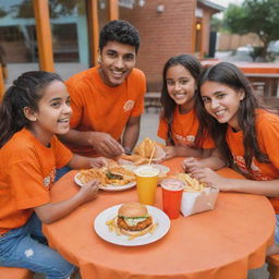 Two girls and two boys in cute, bright orange desi shirts enjoying chicken broast, burgers, and fries together in a friendly setting.