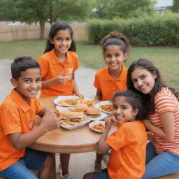 Two girls and two boys in cute, bright orange desi shirts enjoying chicken broast, burgers, and fries together in a friendly setting.