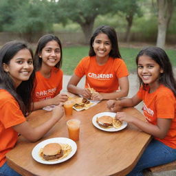 Two girls and two boys in cute, bright orange desi shirts enjoying chicken broast, burgers, and fries together in a friendly setting.