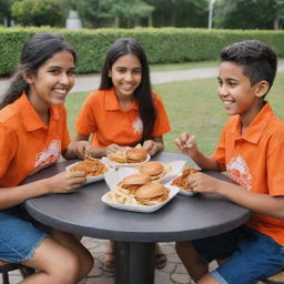 Two girls and two boys in cute, bright orange desi shirts enjoying chicken broast, burgers, and fries together in a friendly setting.