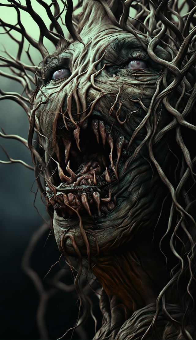 An ultra-close up, 32k resolution CGI photograph of a tree with branches grotesquely twisted into a deformed mouth, intensified in horror.